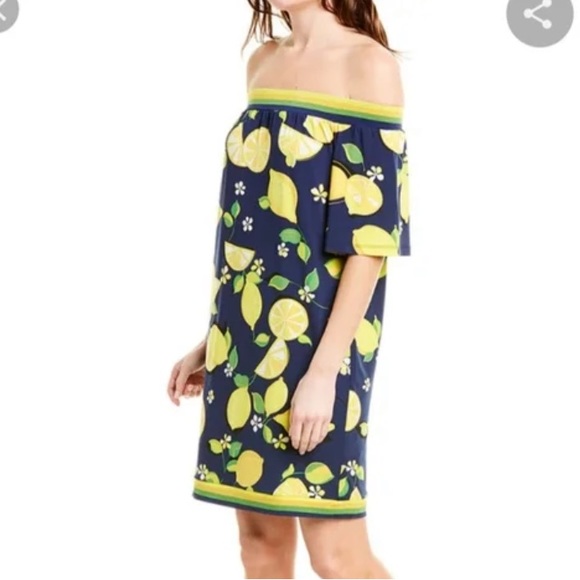 NWT Trina Turk lemon dress medium off the shoulder navy yellow - Picture 2 of 8